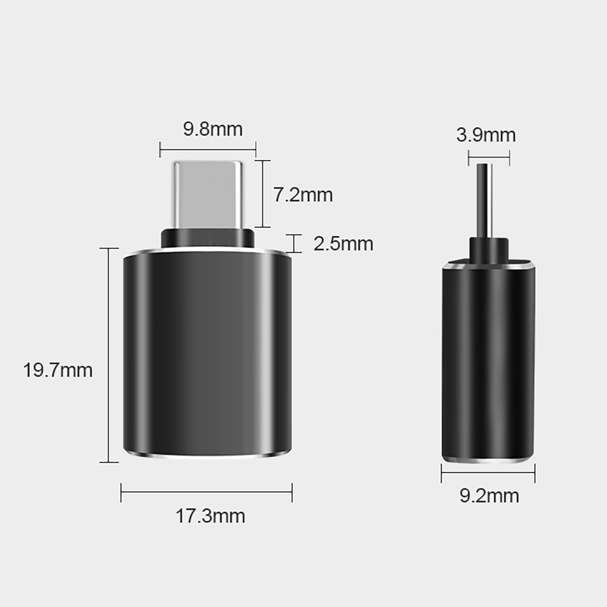 FT-ADA27 Type-C to USB Adapter dimensions detailed with measurements for width, height, and connector size.